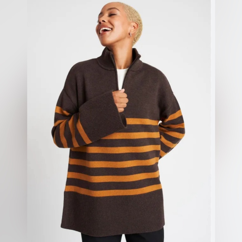 Kit and Ace Swing Neck 1/4 zip Merino Brown and Orange Stripe Women's Sm Sweater